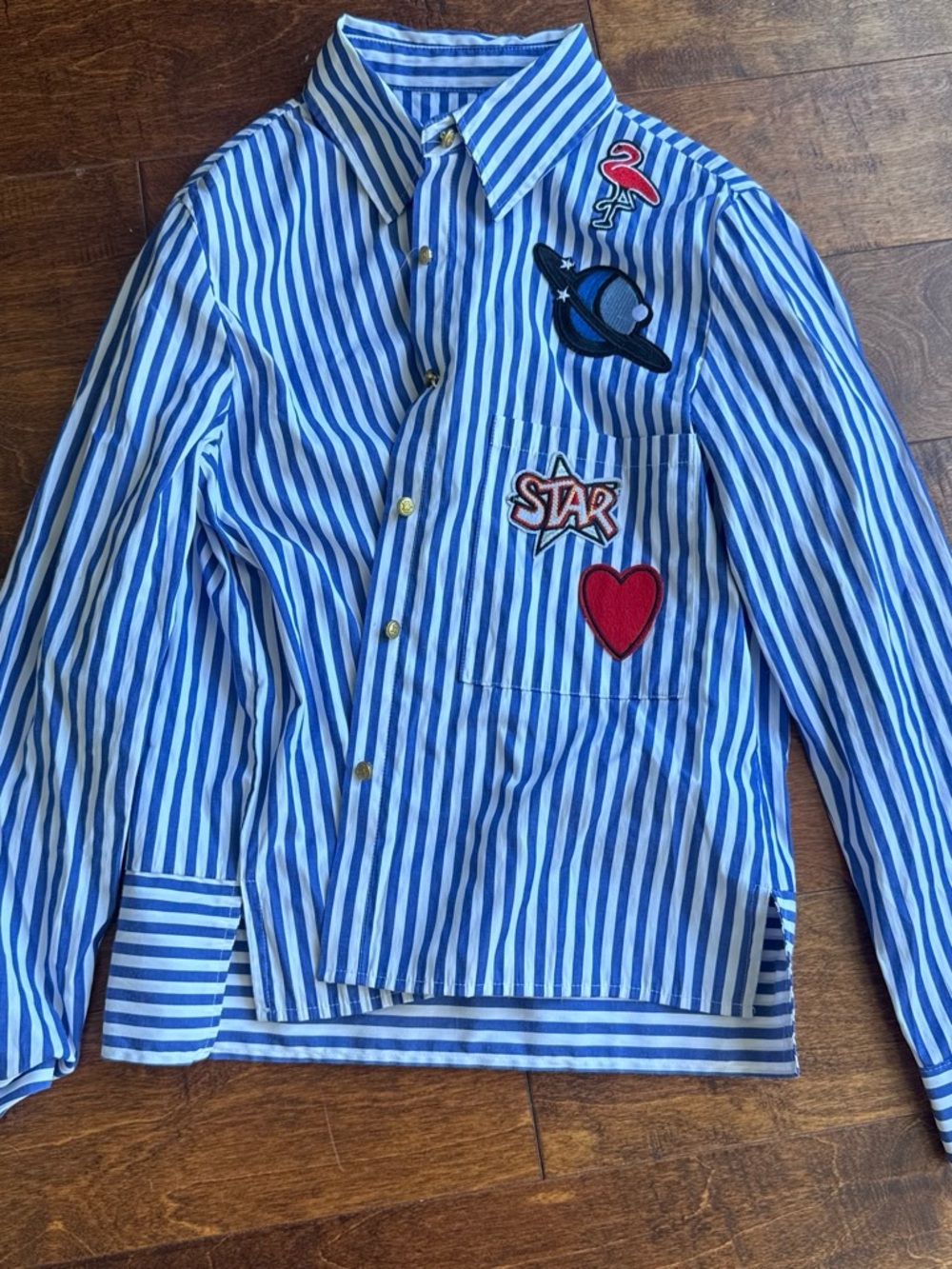 Blue & White Striped Patchwork Button-Up Shirt - size M